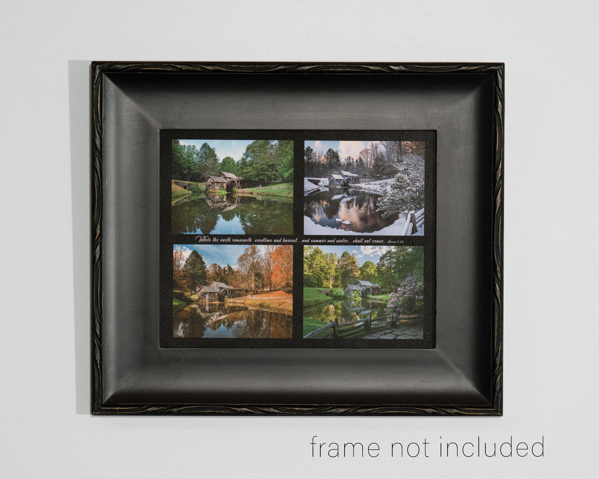 framed print of Four photo collage of Mabry Mill in four Seasons with scripture verse