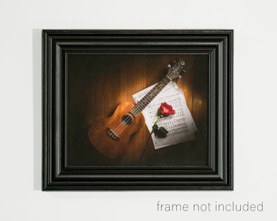 framed print of Ukelele, Music Sheet, and Rose Still Life