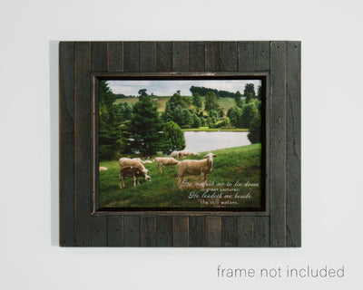 framed print of Flock of Sheep on Green Hill with Pond in background, and scripture verse