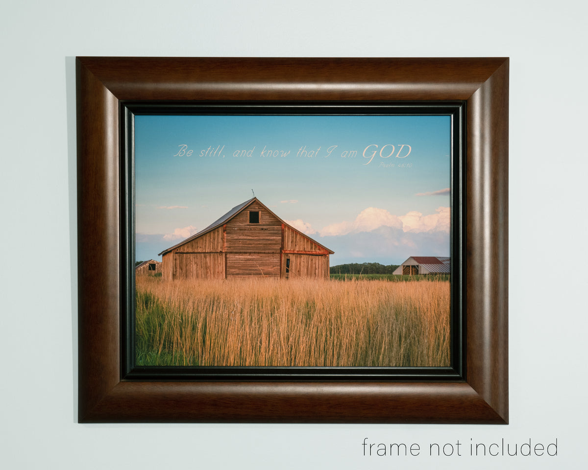 framed print of Old wooden barn and wheat field at evening in Kanas with scripture verse