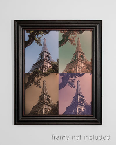 Framed print of A collage of the Eiffel Tower in four different colors
