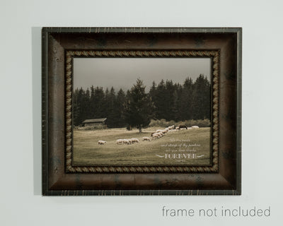 framed print of Flock of sheep in a rolling pasture with scripture verse