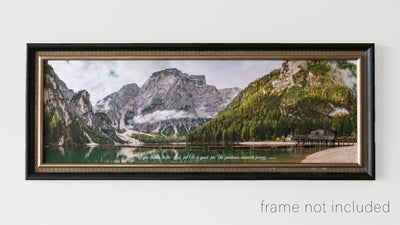 framed print of Panorama of canoes lined across Lake Braise in Dolomites, Italy with scripture verse
