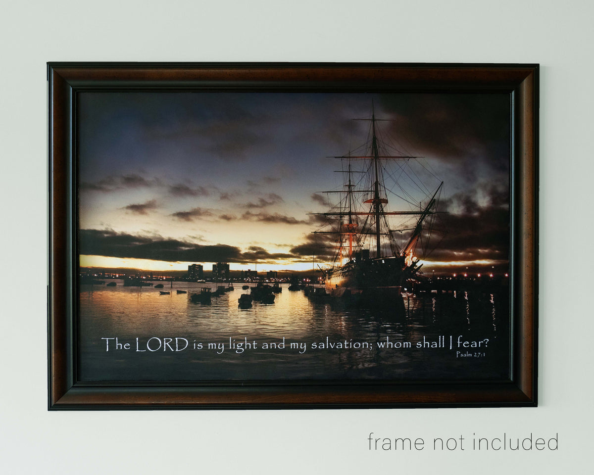 Framed print of Portsmouth England ship at sunset with scripture verse