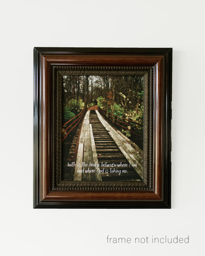 framed print of Old wooden bridge in autumn woods with scripture verse