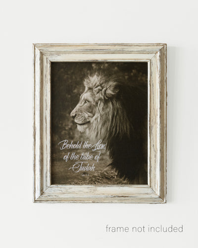 framed print of Profile of a lion with scripture verse