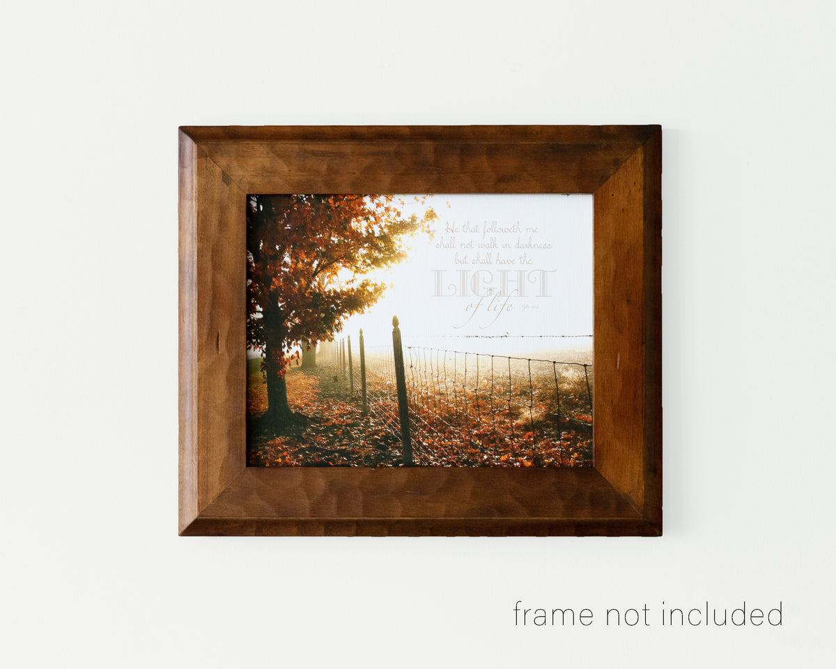 Framed print of Foggy autumn morning with tree and fence row and scripture verse