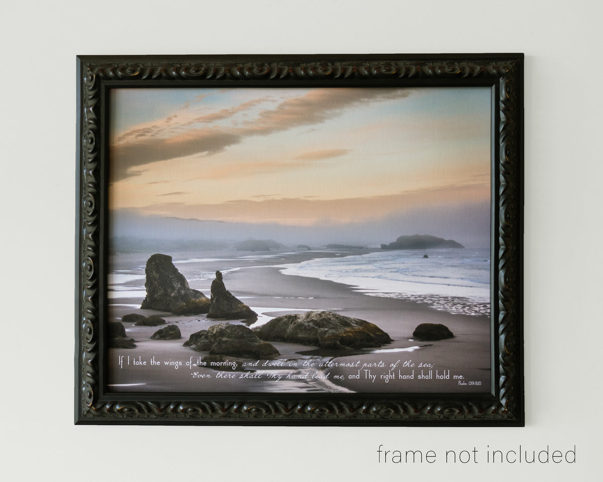 framed print of A blue, yellow sunrise at Bandon Beach in Oregon with scripture verse.