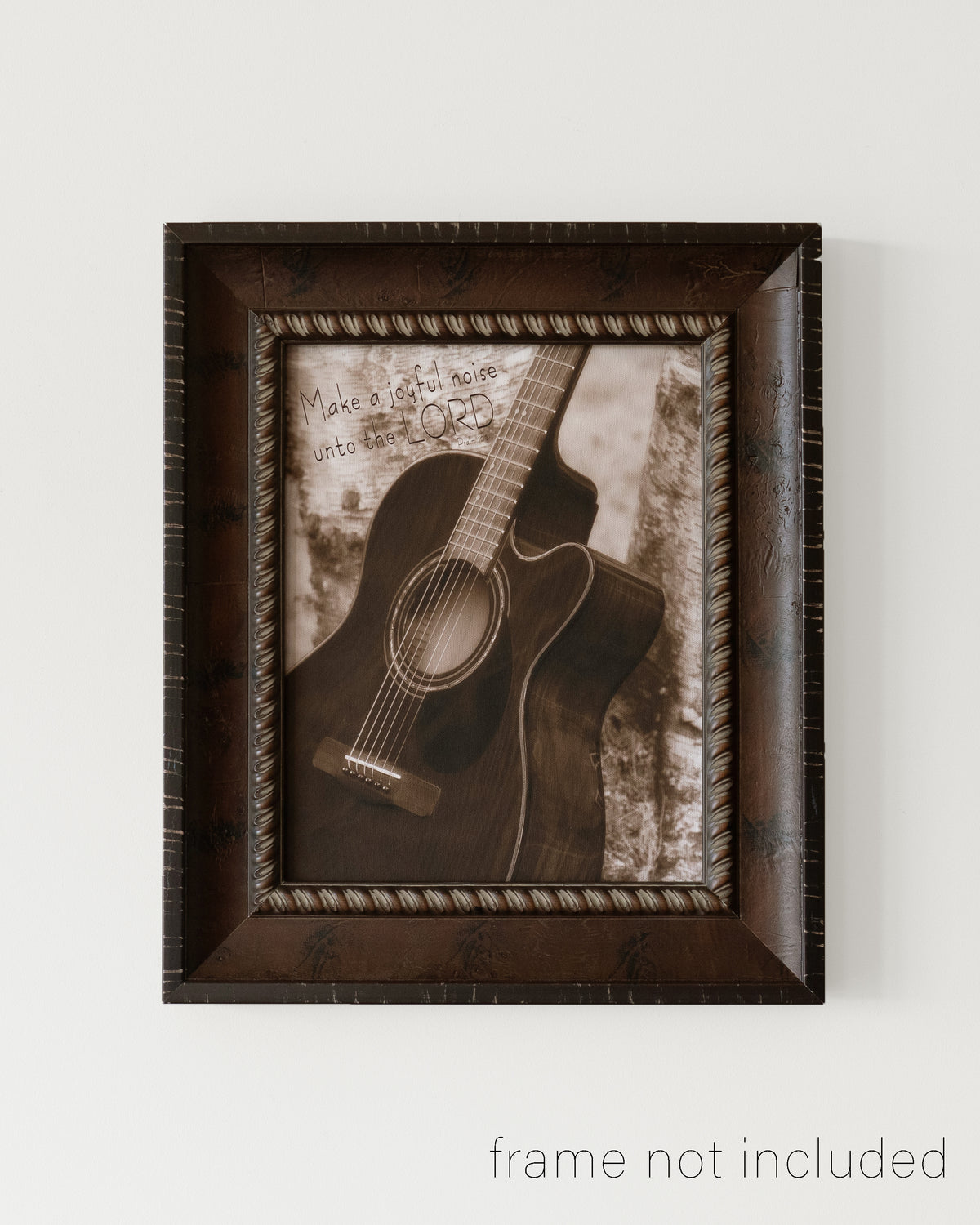 framed print of Acoustic guitar leaning against tree with scripture verse