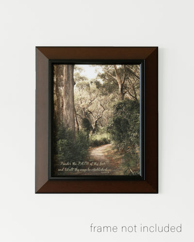 Framed print of Path of light through the Australian Bush with scripture verse