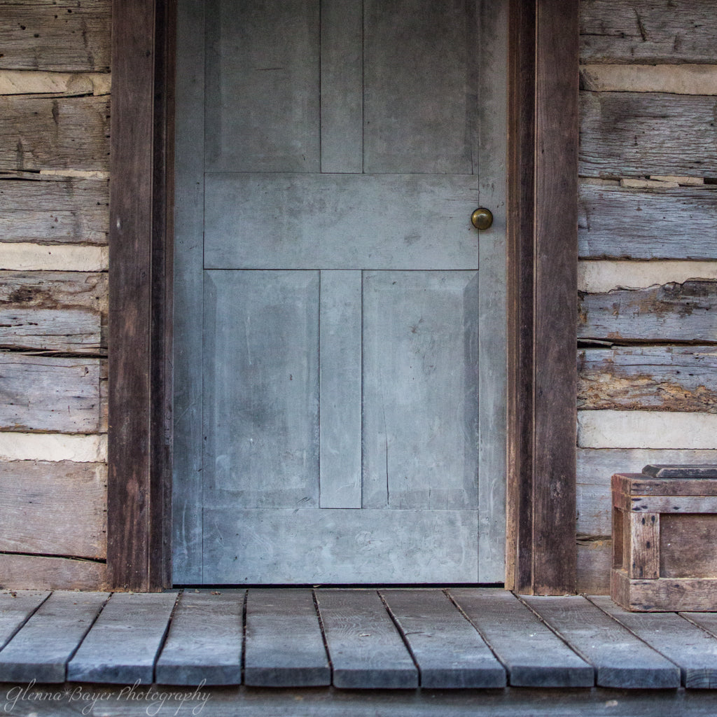 Old log cabin's gray door
