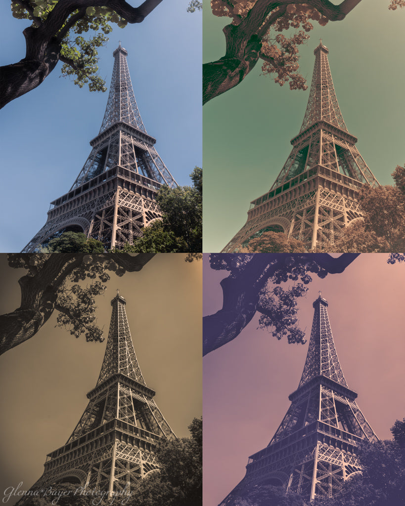 A collage of the Eiffel Tower in four different colors