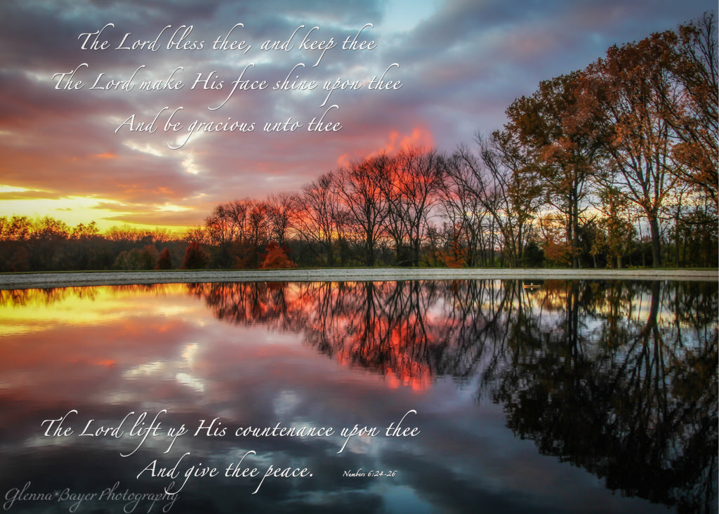 Blue, pink, and yellow sunset reflection on Pond with scripture verse