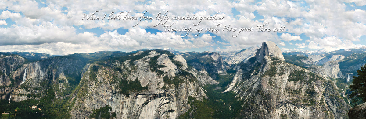 Glacier Point panorama in summer at Yosemite National Park with scripture verse