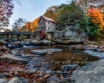 Glade Creek Mill in Autumn with scripture verse