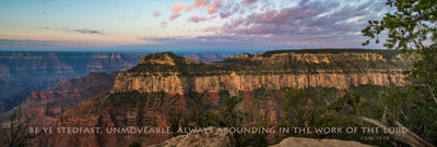 Pink and blue sunrise over the Grand Canyon panorama with scripture verse