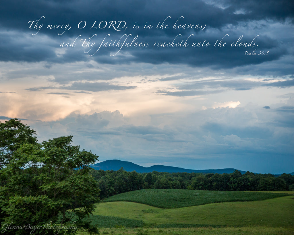 Grassy hills, dramatic clouds, and Cahas Mountain in Boones Mill, Virginia with scripture verse