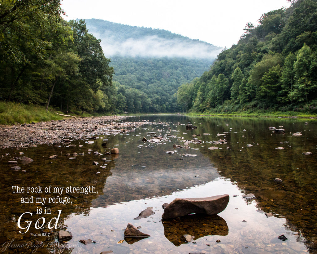 Rocky Greenbrier River reflection in West Virginia with scripture verse