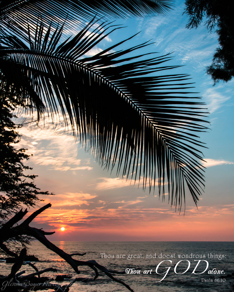 Hawaiian palm branch and ocean at sunset with scripture verse