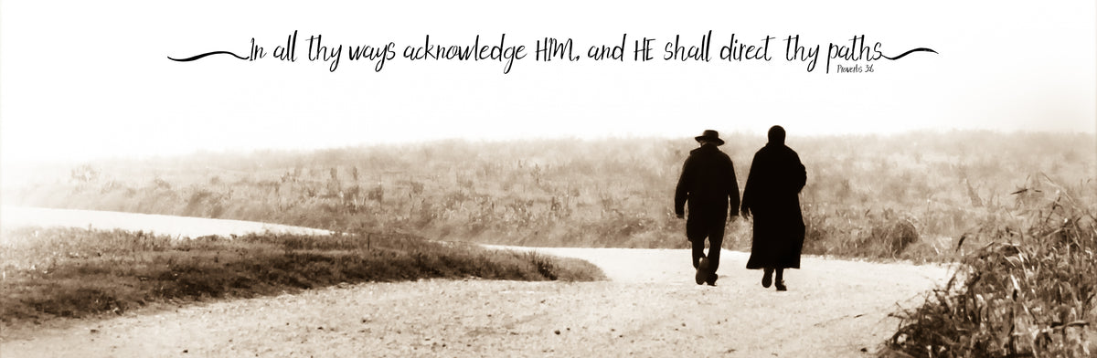Amish couple walking down road with scripture verse