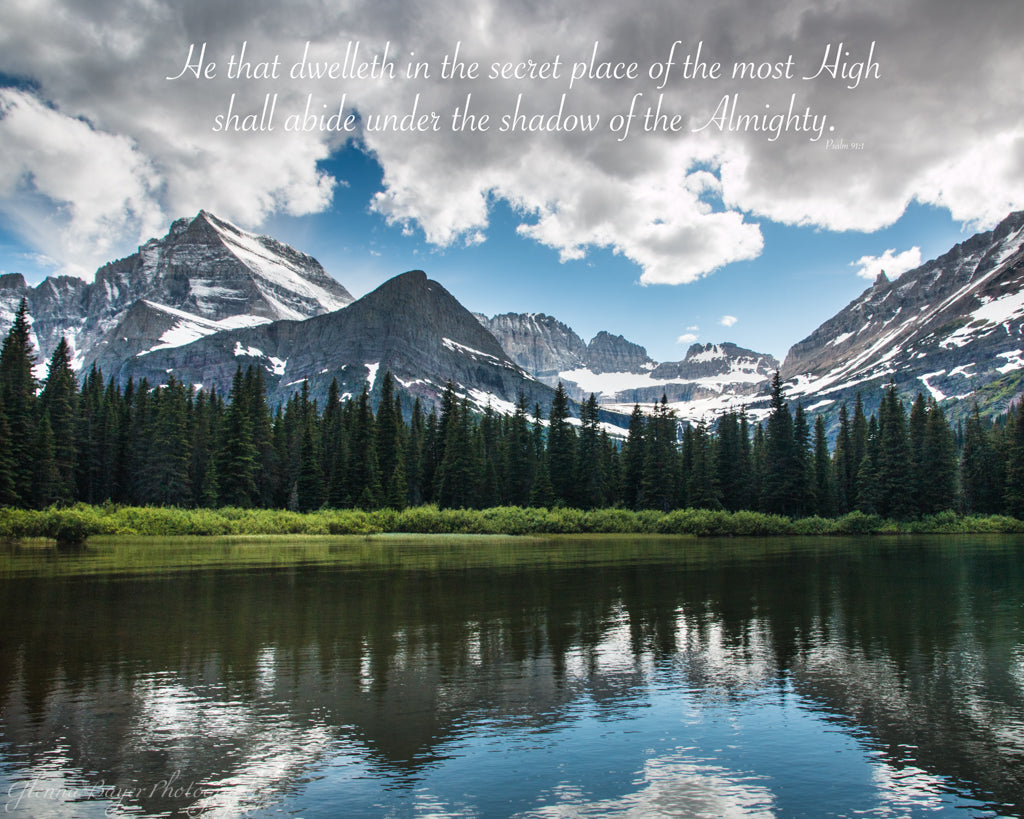 Lake Josephine in summer with snowy mountains in Glacier National Park with scripture verse