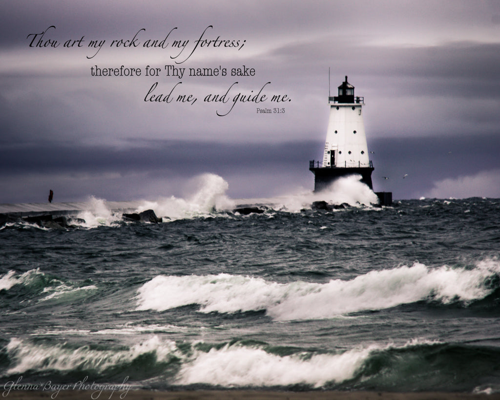 Ludington Lighthouse on Lake Michigan during stormy, windy day with scripture verse