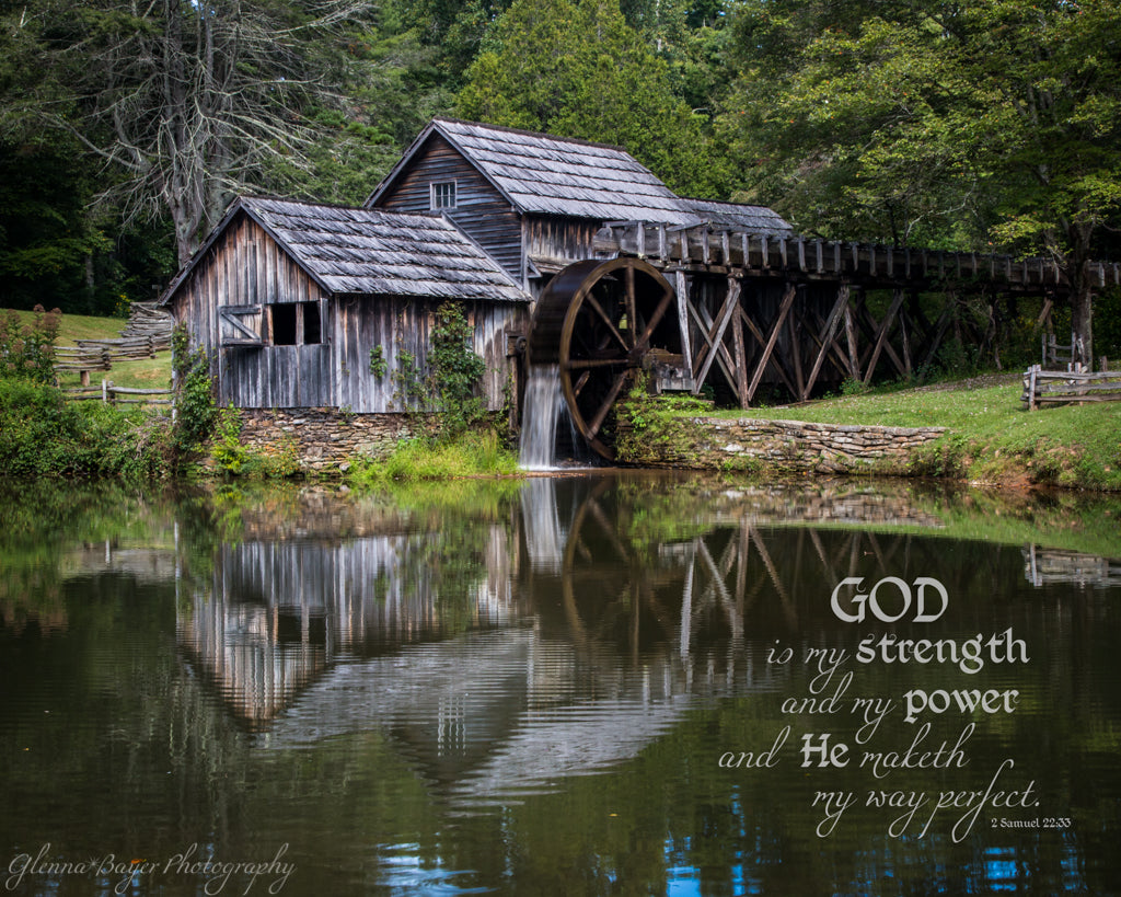 Mabry Mill in Summer near Meadows of Dan, Virginia with scripture verse