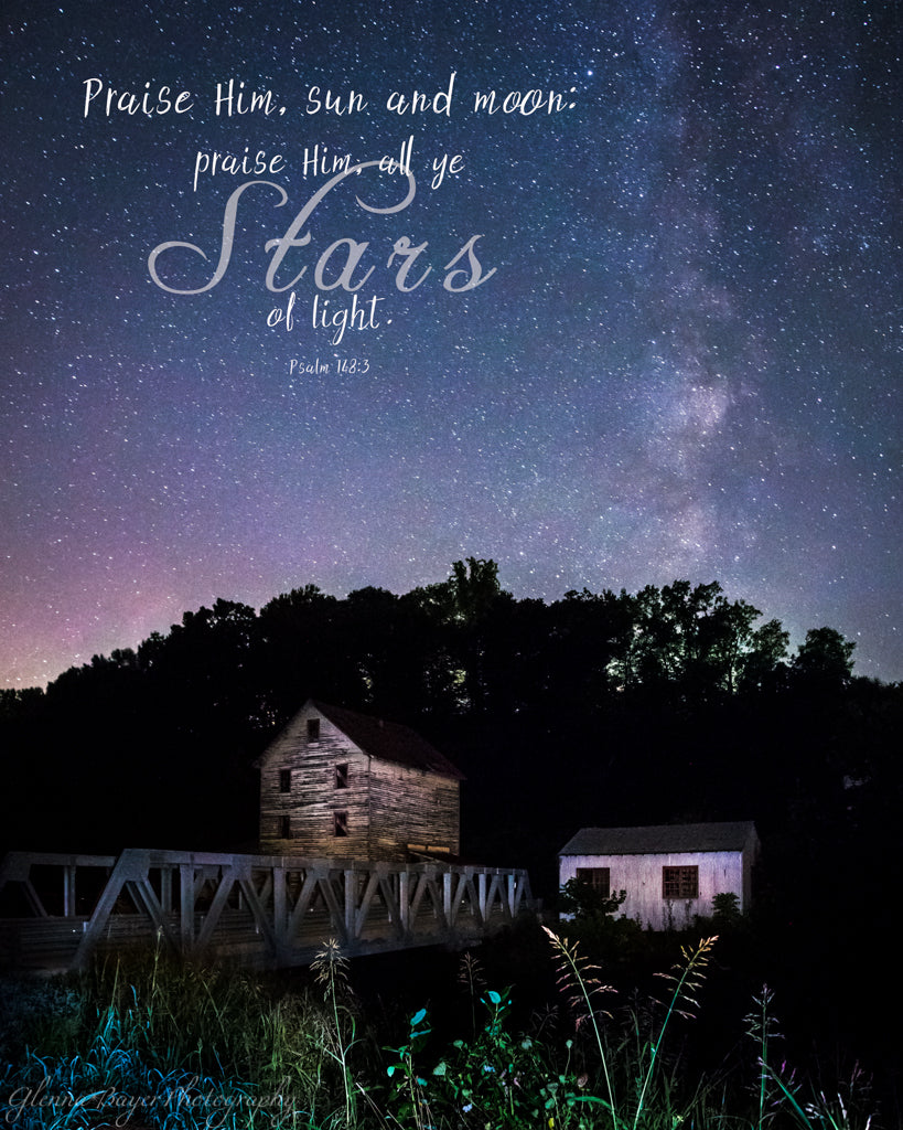 Milky Way above the Piedmont Mill in Virginia with scripture verse