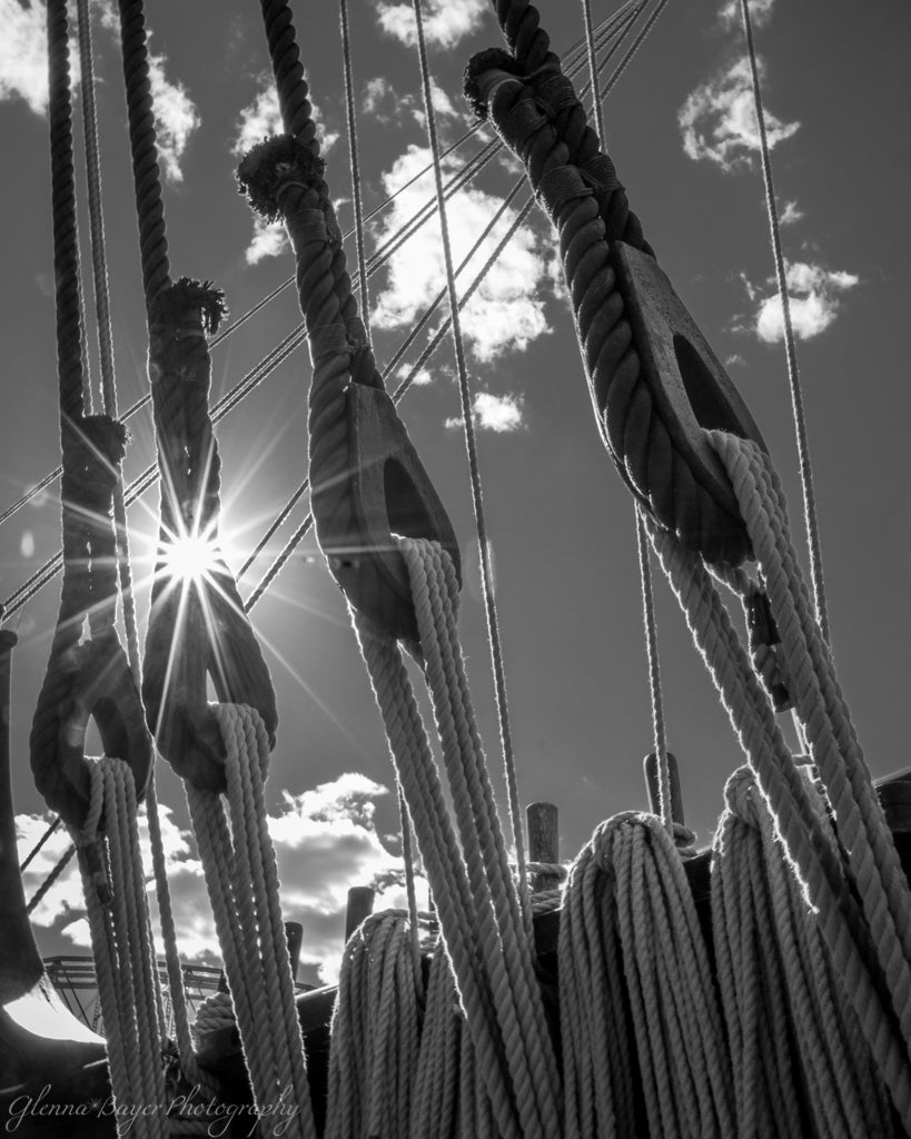 Sunburst through the rigging on the La Nina Ship, in black and white