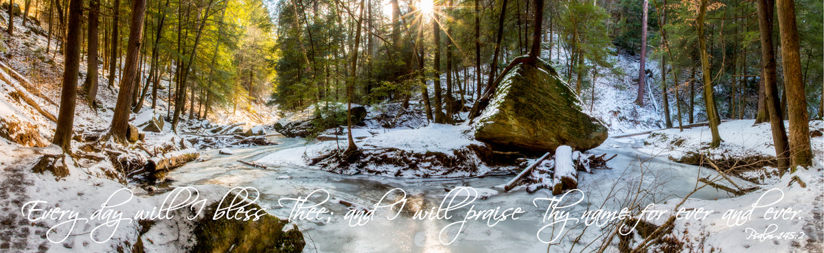 Panorama of stream through woods in winter at Old Man&#39;s Cave, Ohio with scripture verse