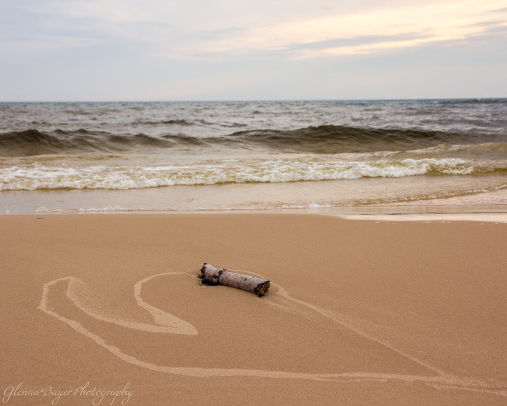 A heart in the sand with log on Lake Michigan Beach