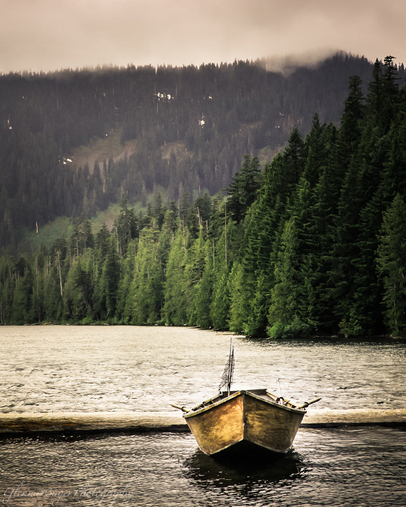 Old wooden fishing boat in Oregon lake