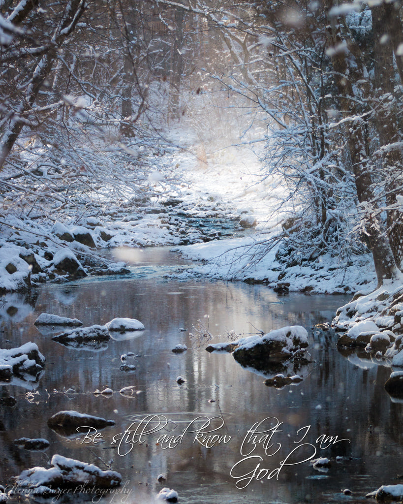 Painter Creek in winter wonderland with scripture verse