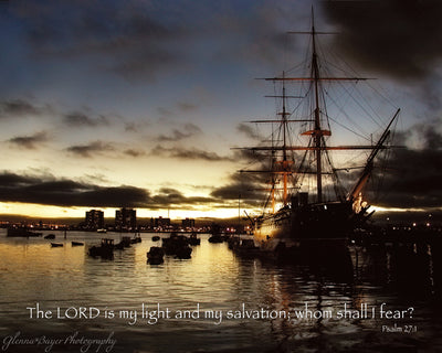 Portsmouth England ship at sunset with scripture verse
