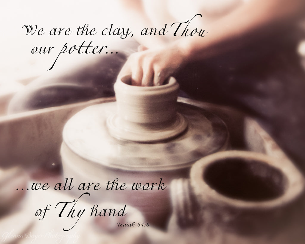 Potter forming clay on potter's wheel with scripture verse