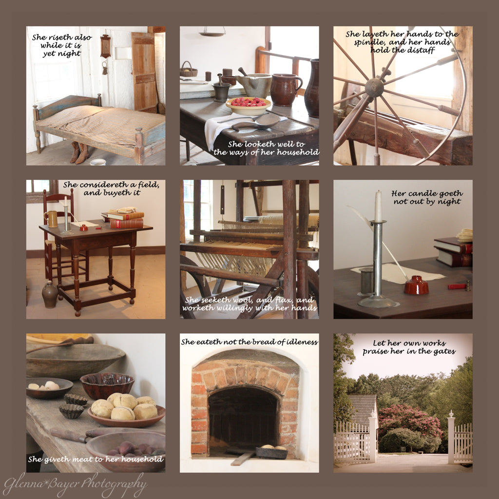 Collage of nine pictures from the Mount Vernon Estate with scripture verses from Proverbs 31