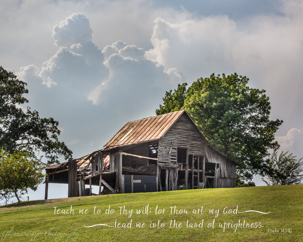 Old wood barn on hill in summer in Red Valley, Virginia with scripture verse