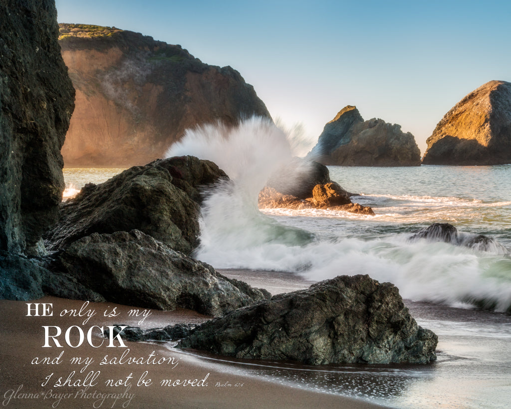 Wave crashing into rocks on Rodeo Beach, Oregon with scripture verse