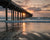 Wooden pier in ocean during pink sunset in San Diego Pier with scripture verse