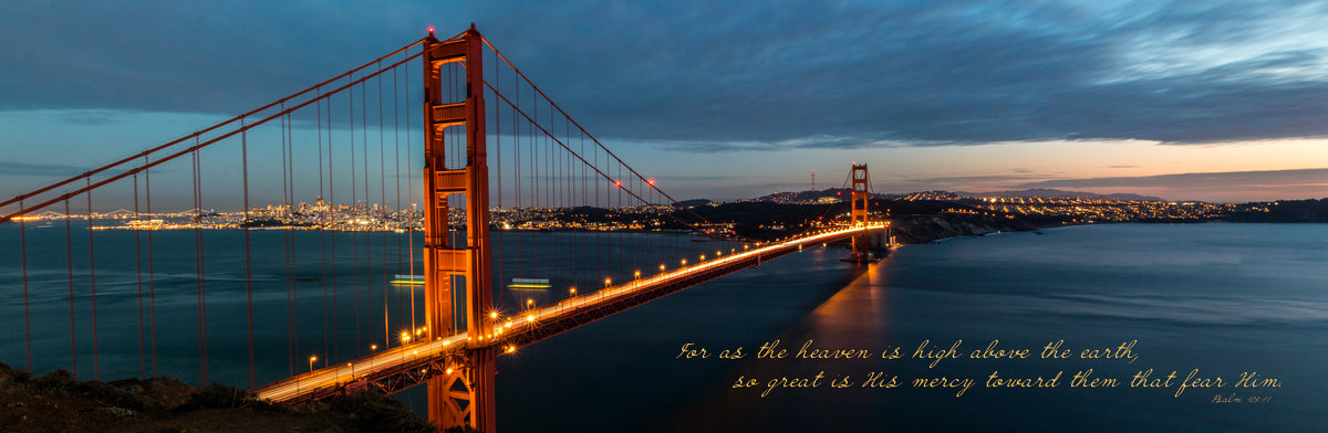 Golden Gate Bridge at sunset in San Francisco, California with scripture verse