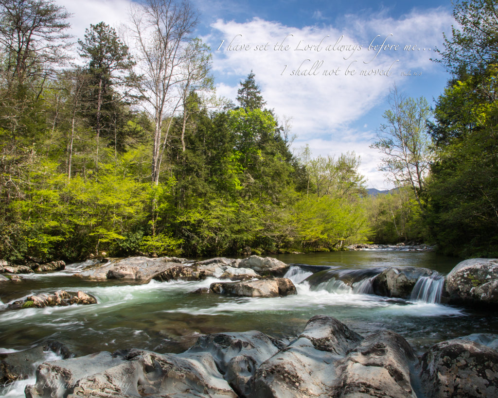 Smoky mountain stream and rocky river bed in summer with scripture verse