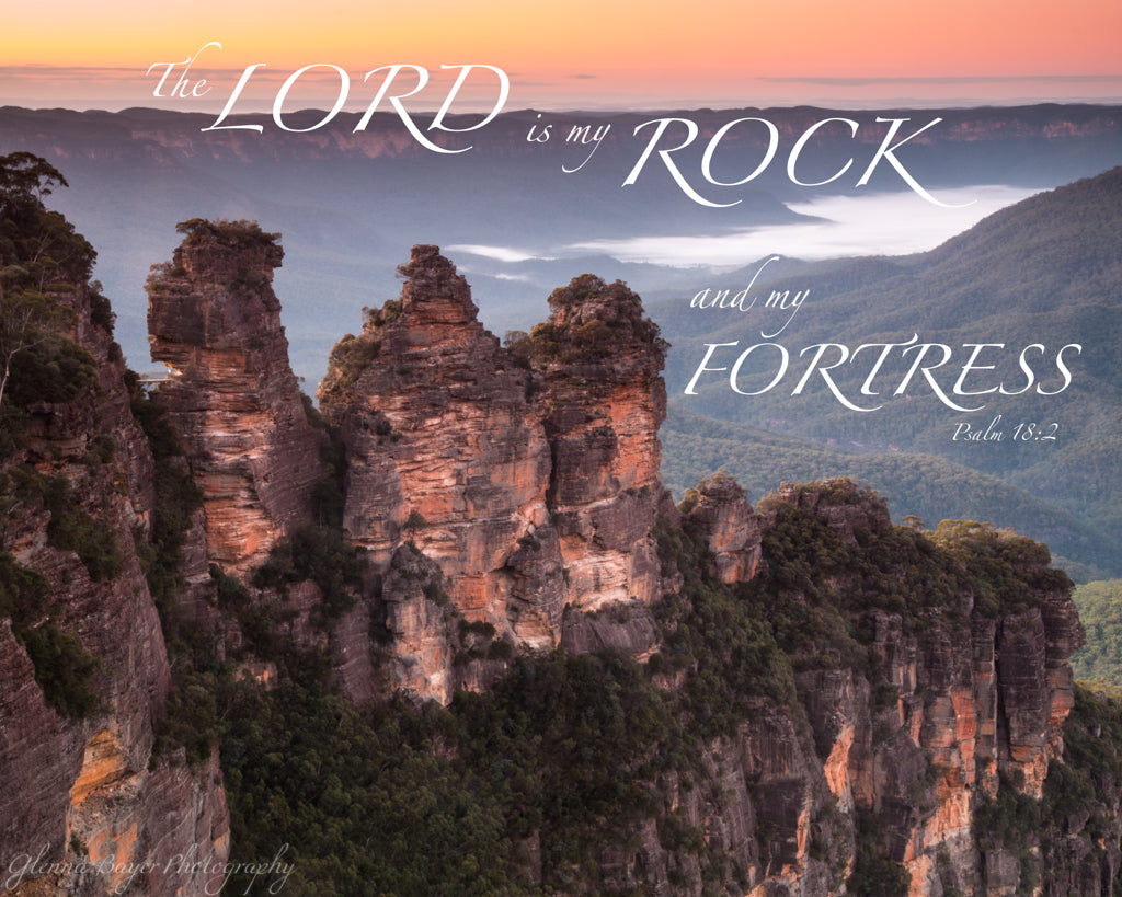 Orange sunrise over the Three Sisters, in the Blue Mountains of Australia with scripture verse