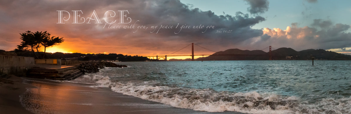 Panorama of orange and blue sunset at the Golden Gate Bridge in California with scripture verse