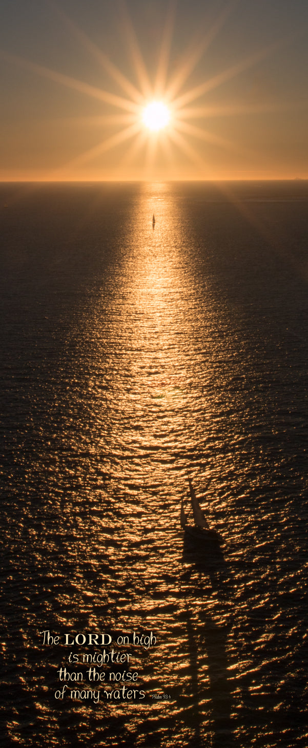 Orange sunset and sailboat from Golden Gate Bridge with scripture verse