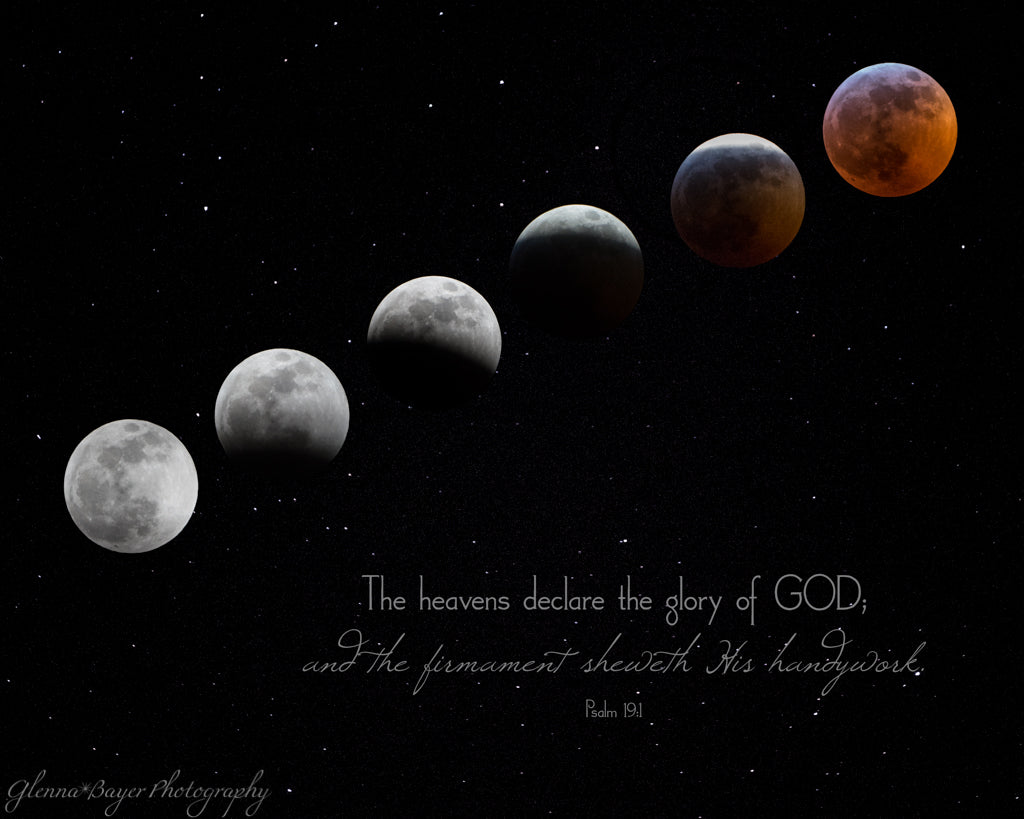 Composite of full lunar eclipse and blood moon with scripture verse