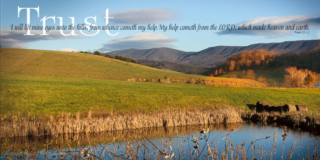 West Virginia Hilly landscape and pond during fall with scripture verse