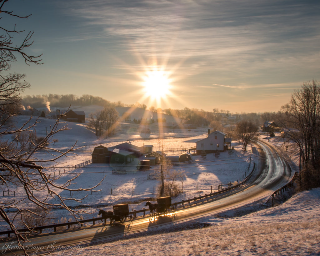 Amish horse and buggies going down road in winter landscape during sunrise in Holmes County, Ohio