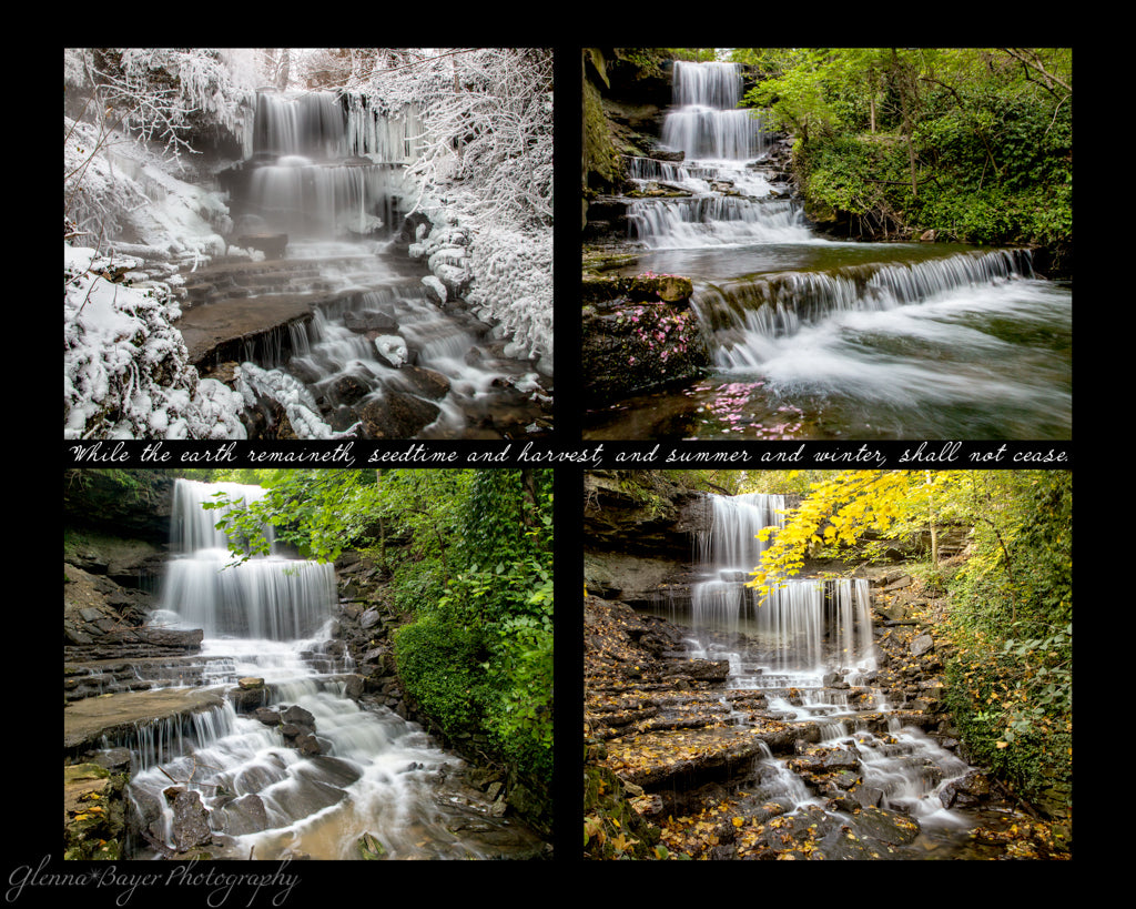 Four picture collage of West Milton's Cascades in four seasons with scripture verse