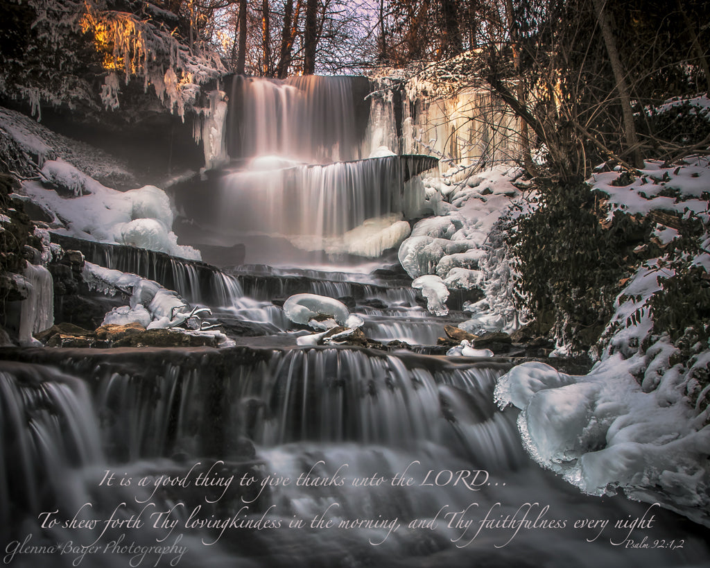 West Milton cascades in winter with scripture verse