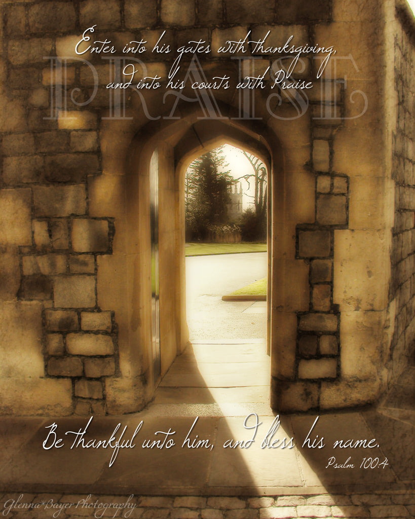Light shining through Windsor castle gate in England with scripture verse